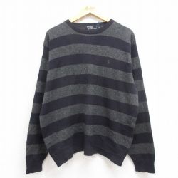 XL★古着 ラルフローレン Ralph Lauren 長袖 ブランド セーター メンズ 90年代 90s ワンポイントロゴ ラムウール クルーネック 紺 ネイビー ボーダー 25sep30 中古 ニット トップス