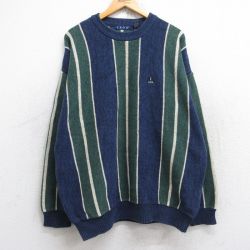 XL★古着 IZOD 長袖 セーター メンズ ワンポイントロゴ 大きいサイズ コットン クルーネック 紺他 ネイビー ストライプ 【spe】 25sep30 中古 ニット トップス