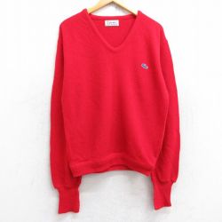 L★古着 ラコステ LACOSTE 長袖 ブランド セーター メンズ 80年代 80s ワンポイントロゴ Vネック 赤 レッド 25sep30 中古 ニット トップス