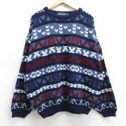 XL★古着 長袖 セーター メンズ 90年代 90s 総柄 大きいサイズ アクリル クルーネック USA製 紺他 ネイビー 【spe】 25sep30 中古 ニット トップス
