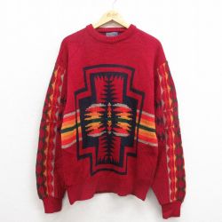 L★古着 ペンドルトン PENDLETON 長袖 セーター メンズ 80年代 80s ネイティブ柄 ラグ柄 ウール クルーネック USA製 エンジ 【spe】 25sep30 中古 ニット トップス