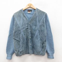 【20%OFF】M★古着 長袖 ニット カーディガン メンズ 70年代 70s スエード使用 ウール イタリア製 薄紺 ネイビー 25sep30 中古 トップス