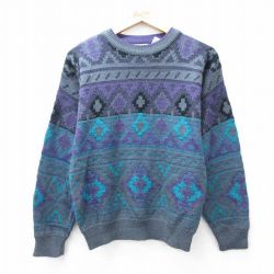 S★古着 長袖 セーター メンズ 90年代 90s ネイティブ柄 ラグ柄 アクリル クルーネック 紫他 パープル 【spe】 25oct01 中古 ニット トップス