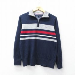 M★古着 トミーヒルフィガー TOMMY HILFIGER 長袖 ブランド ハーフジップ セーター メンズ ワンポイントロゴ コットン 紺 ネイビー 25oct01 中古 ニット トップス