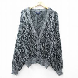 XL★古着 長袖 ニット カーディガン メンズ 90年代 90s 総柄 大きいサイズ アクリル グレー他 25oct01 中古 トップス