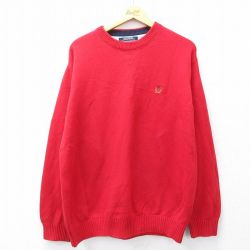 XL★古着 トミーヒルフィガー TOMMY HILFIGER 長袖 ブランド セーター メンズ ワンポイントロゴ コットン クルーネック 赤 レッド 25oct01 中古 ニット トップス