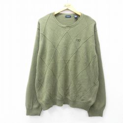 XL★古着 IZOD 長袖 セーター メンズ ワンポイントロゴ 大きいサイズ コットン クルーネック 濃緑 グリーン 25oct01 中古 ニット トップス