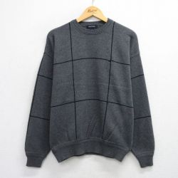 L★古着 ノーティカ NAUTICA 長袖 ブランド セーター メンズ ワンポイントロゴ コットン クルーネック 濃グレー他 チェック 25oct01 中古 ニット トップス