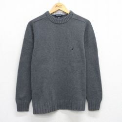 L★古着 ノーティカ NAUTICA 長袖 ブランド セーター メンズ ワンポイントロゴ ラグラン コットン クルーネック 濃グレー 25oct01 中古 ニット トップス