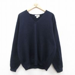XL★古着 エディーバウアー 長袖 AKA セーター メンズ 無地 ウール Vネック 紺 ネイビー 25oct01 中古 ニット トップス