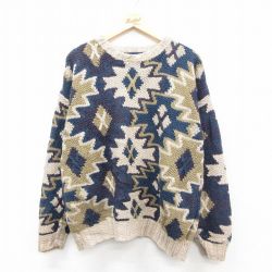 XL★古着 長袖 セーター メンズ 90年代 90s ネイティブ柄 ラグ柄 手編み ハンドニット クルーネック ベージュ他 カーキ 【spe】 25oct01 中古 ニット トップス