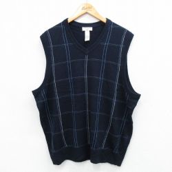 XL★古着 ドッカーズ ニット ベスト メンズ アクリル Vネック 紺他 ネイビー チェック 25oct01 中古 トップス