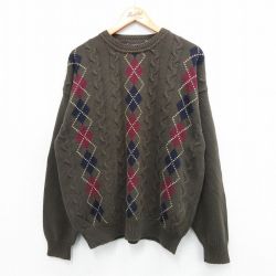 XL★古着 長袖 ケーブル セーター メンズ アーガイル コットン クルーネック 濃緑他 グリーン 【spe】 25oct01 中古 ニット トップス