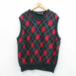 XL★古着 ニット ベスト メンズ アーガイル 大きいサイズ コットン Vネック 緑他 グリーン 25oct01 中古 トップス