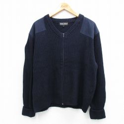 XL★古着 長袖 フルジップ ニット カーディガン メンズ MTA ヒジ当て アクリル 紺 ネイビー 25oct01 中古 トップス