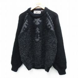 L★古着 長袖 セーター メンズ 00年代 00s レザー使用 ラグラン アクリル クルーネック 黒 ブラック 25oct03 中古 ニット トップス