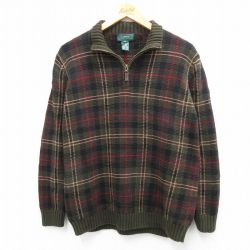 M★古着 ラルフローレン Ralph Lauren 長袖 ブランド ハーフジップ セーター メンズ コットン 緑他 グリーン チェック 25oct03 中古 ニット トップス
