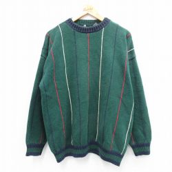 XL★古着 STRUCTURE 長袖 セーター メンズ クルーネック 緑他 グリーン ストライプ 25oct03 中古 ニット トップス