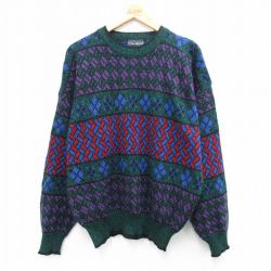 XL★古着 バンヒューセン 長袖 セーター メンズ 00年代 00s アクリル クルーネック 緑他 グリーン 25oct03 中古 ニット トップス