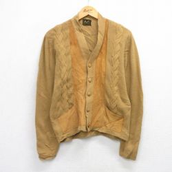 【20%OFF】S★古着 長袖 ビンテージ ニット カーディガン メンズ 70年代 70s レザー使用 茶系 ブラウン 25oct03 中古 トップス