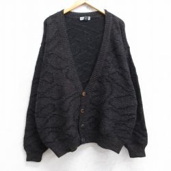 XL★古着 長袖 ニット カーディガン メンズ 90年代 90s 総柄 大きいサイズ ウール 黒他 ブラック 25oct04 中古 トップス