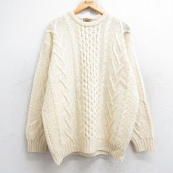 XL★古着 長袖 アラン フィッシャーマン ケーブル セーター メンズ メリノウール クルーネック 生成り 25oct04 中古 ニット トップス