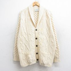 XL★古着 長袖 アラン フィッシャーマン ケーブル ニット カーディガン メンズ 90年代 90s 手編み ハンドニット ラグラン ウール ショールカラー アイルランド製 生成り 25oct04 中古 トップス