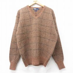 L★古着 ラルフローレン Ralph Lauren 長袖 ブランド セーター メンズ 90年代 90s ヒジ当て レザー使用 ウール Vネック 茶他 ブラウン チェック 【spe】 25oct04 中古 ニット トップス