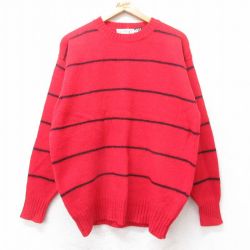 L★古着 ギャップ GAP 長袖 セーター メンズ 80年代 80s ウール クルーネック 赤他 レッド ボーダー 25oct04 中古 ニット トップス