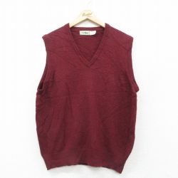 L★古着 エルエルビーン LLBEAN ニット ベスト メンズ 80年代 80s 無地 ラムウール Vネック スコットランド製 エンジ 25oct06 中古 トップス