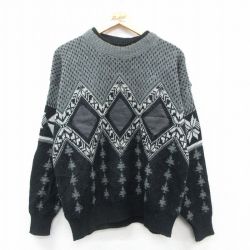 L★古着 長袖 セーター メンズ 00年代 00s レザー使用 アクリル クルーネック 黒他 ブラック 25oct06 中古 ニット トップス