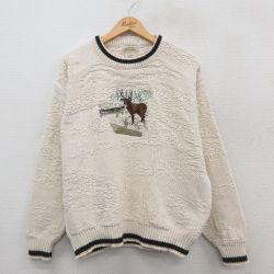 XL★古着 セントジョンズベイ 長袖 セーター メンズ 90年代 90s シカ 刺繍 コットン クルーネック USA製 生成り 【spe】 25oct09 中古 ニット トップス