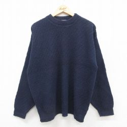 L★古着 長袖 セーター メンズ 90年代 90s コットン クルーネック USA製 濃紺 ネイビー 25oct09 中古 ニット トップス