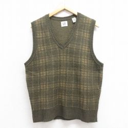 M★古着 ギャップ GAP ニット ベスト メンズ 00年代 00s 濃緑他 グリーン チェック 25oct09 中古 トップス