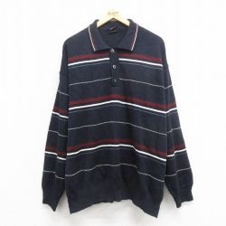 XL★古着 長袖 セーター メンズ 襟付き 紺他 ネイビー ボーダー 25oct09 中古 ニット トップス