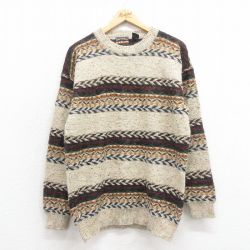 M★古着 長袖 セーター メンズ ラグ柄 クルーネック ベージュ他 カーキ 25oct09 中古 ニット トップス