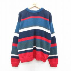 XL★古着 長袖 セーター メンズ 90年代 90s クルーネック 紺他 ネイビー ボーダー 25oct09 中古 ニット トップス