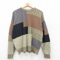 XL★古着 長袖 セーター メンズ 90年代 90s マルチカラー 大きいサイズ コットン クルーネック 薄緑他 グリーン 25oct09 中古 ニット トップス