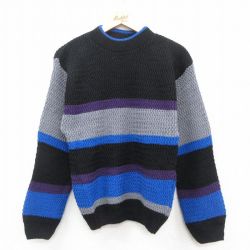 S★古着 長袖 セーター メンズ 90年代 90s アクリル クルーネック USA製 黒他 ブラック ボーダー 25oct09 中古 ニット トップス