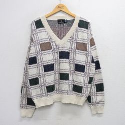 L★古着 長袖 セーター メンズ 90年代 90s コットン Vネック USA製 白他 ホワイト チェック 25oct10 中古 ニット トップス