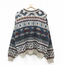 XL★古着 シアーズ 長袖 セーター メンズ 90年代 90s ネイティブ柄 ラグ柄 大きいサイズ アクリル クルーネック 紺他 ネイビー 【spe】 25oct10 中古 ニット トップス