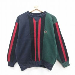 M★古着 トミーヒルフィガー TOMMY HILFIGER 長袖 ブランド セーター メンズ 90年代 90s ワンポイントロゴ マルチカラー コットン クルーネック 緑他 グリーン ストライプ 【spe】 25oct11 中古 ニット トップス