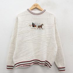 L★古着 長袖 セーター メンズ 90年代 90s 馬車 刺繍 コットン クルーネック USA製 生成り他 【spe】 25oct11 中古 ニット トップス