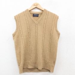 M★古着 ケーブル ニット ベスト メンズ 80年代 80s アクリル Vネック ベージュ カーキ 25oct11 中古 トップス