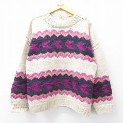 L★古着 長袖 セーター メンズ ウール クルーネック エクアドル製 ベージュ他 カーキ 25oct14 中古 ニット トップス