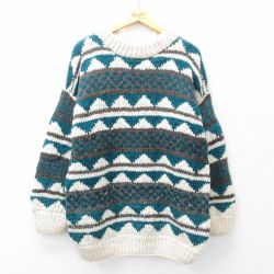 L★古着 長袖 セーター メンズ ウール クルーネック エクアドル製 生成り他 25oct14 中古 ニット トップス