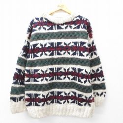 L★古着 長袖 セーター メンズ ウール クルーネック エクアドル製 生成り他 25oct14 中古 ニット トップス