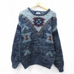 M★古着 長袖 セーター メンズ レザー使用 アクリルクルーネック 紺他 ネイビー 25oct14 中古 ニット トップス
