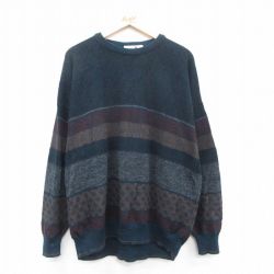XL★古着 長袖 セーター メンズ 90年代 90s 大きいサイズ クルーネック イタリア製 紺他 ネイビー 25oct14 中古 ニット トップス