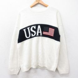 L★古着 ニューエラ 長袖 セーター メンズ 90年代 90s USAロゴ 星条旗 アクリル クルーネック USA製 白 ホワイト 25oct15 中古 ニット トップス